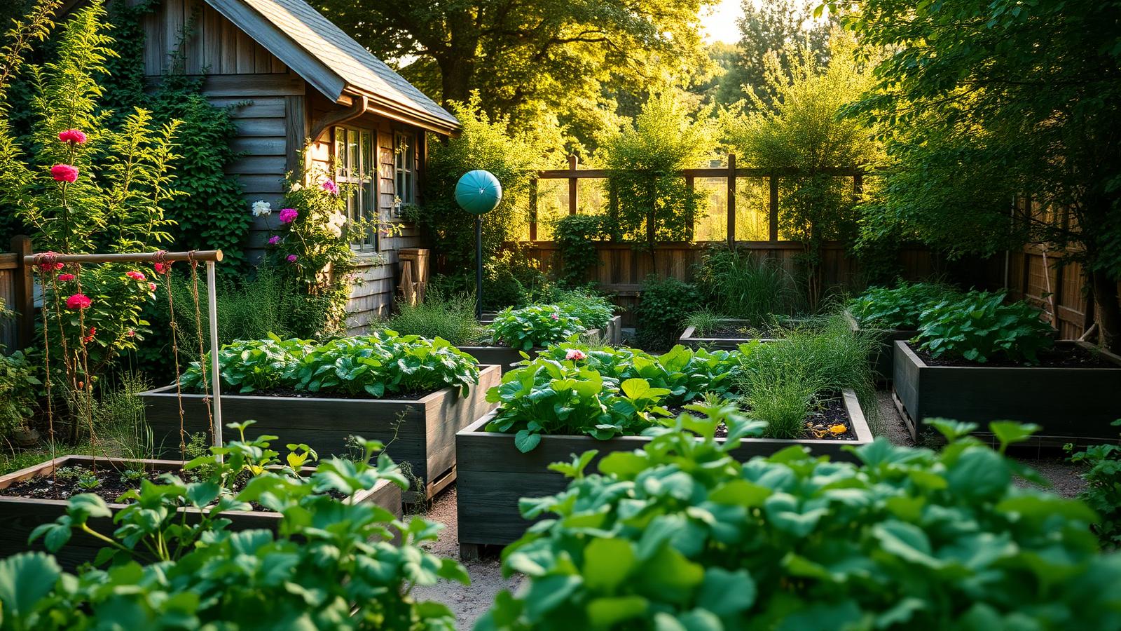 Cottage garden with wooden raised vegetable beds in evening light