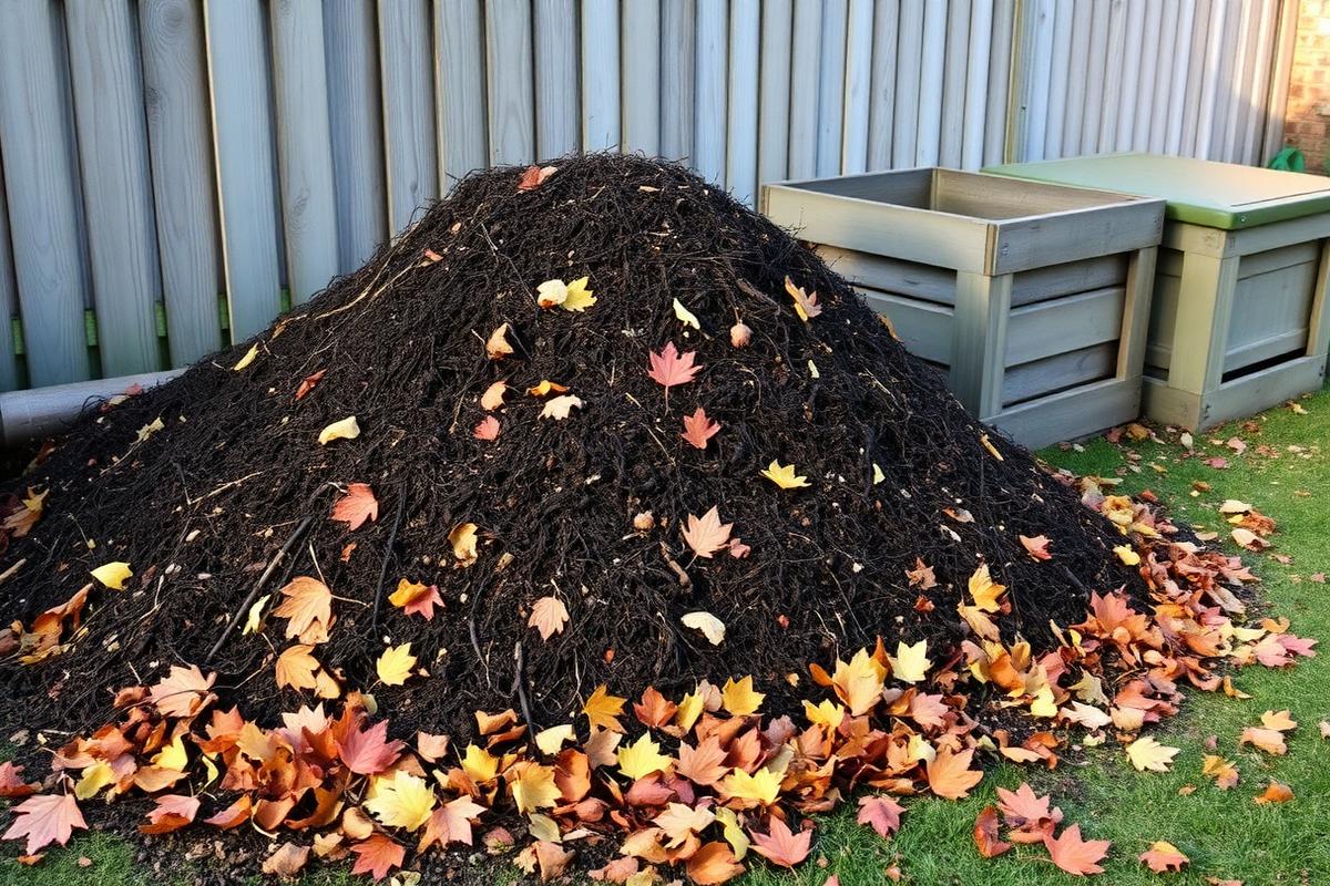 Large compost heap beside wooden compost bins with autumn leaves