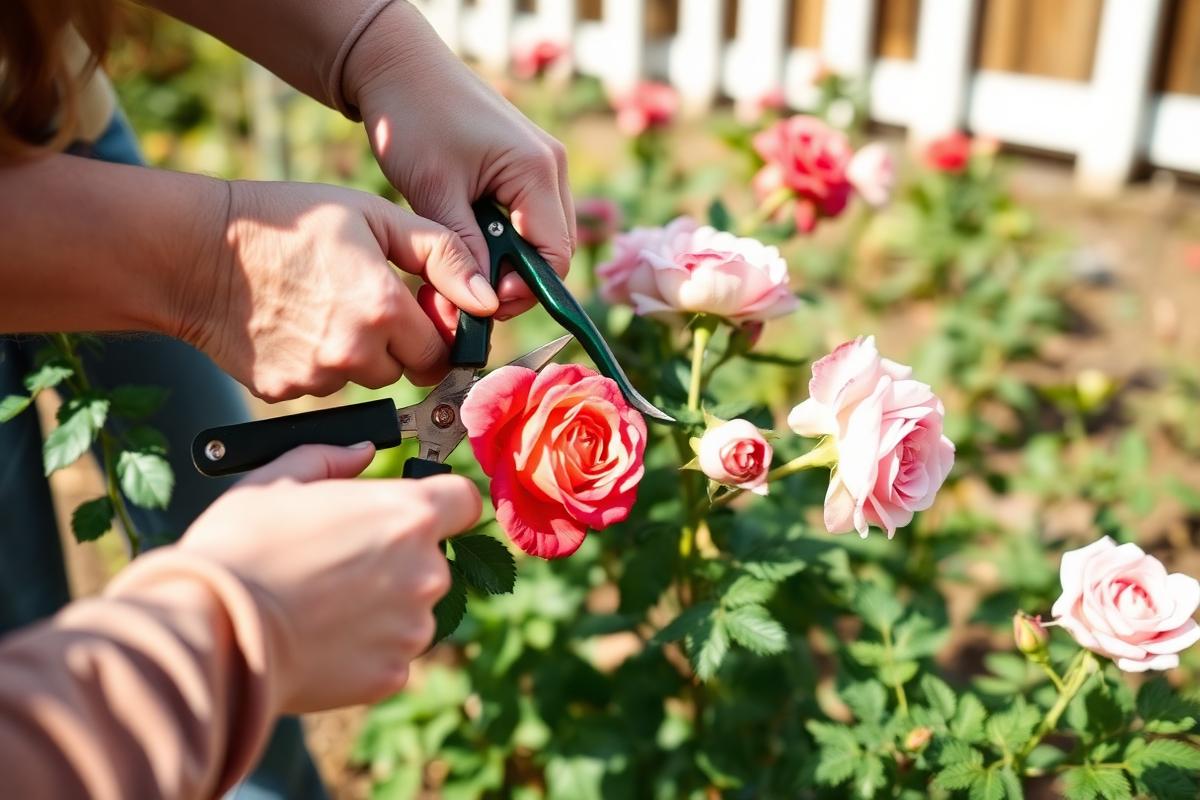 Gardener pruning pink roses with secateurs in spring sunshine